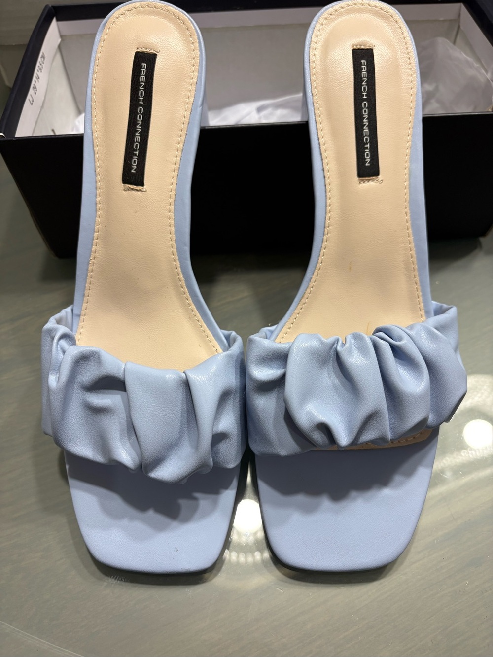 French Connection Light Blue Ruched Slide Mules